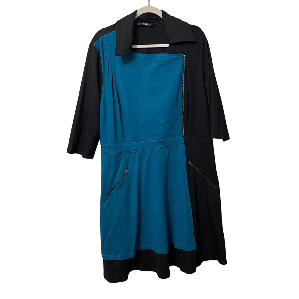 eShakti Custom Black‎ Teal Colorblock Asymmetrical Zipper Dress Women Size 14